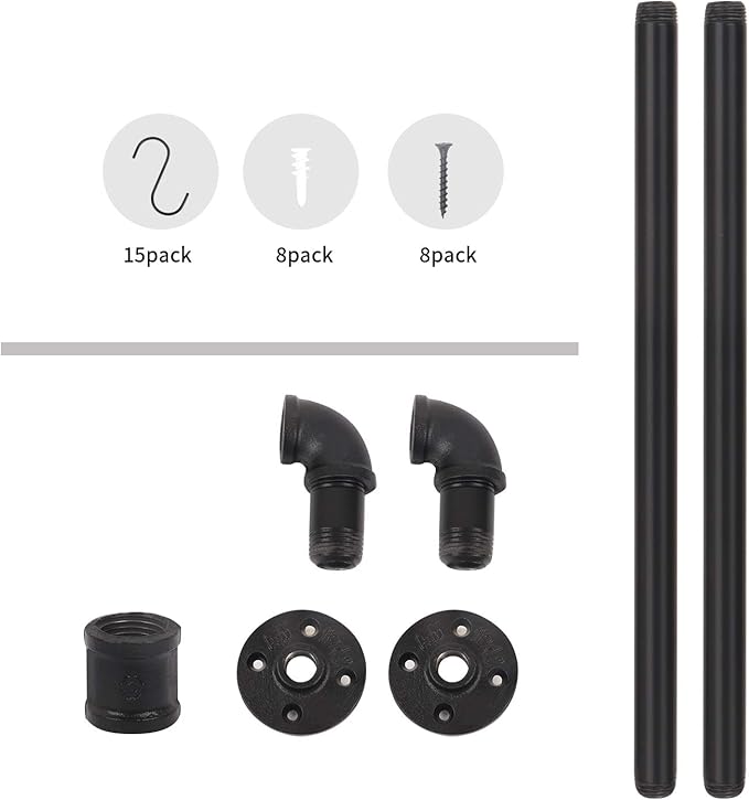 34.3 inch Industrial Pipe Pot Bar Rack with 15 S Hooks Rustic Iron Pots and Pans Hanging Rail Pipe Towel Holder Wall Mounted Detachable Kitchen Utensil Pan Lid Organizer Black