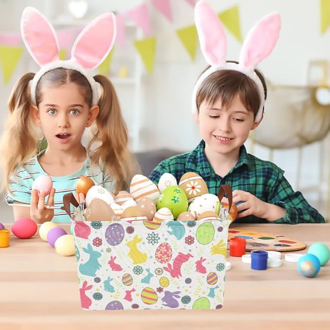 CLOCOR Easter Eggs Basket Empty with Colorful Eggs-pattern,Rectangular Easter Gift Basket with Handles for Boys and Girls,Toys Bin,Room Decor(Easter Eggs Basket)