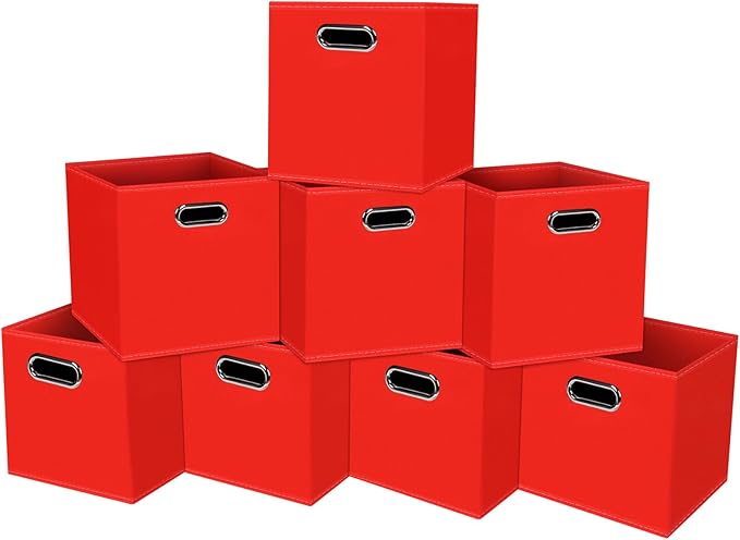 STOREONE Fabric Storage Bins Cubes Baskets Containers-(11X11X11) with Dual Handles for Shelf Closet, Nursery Home ， Bedroom Organizers, Foldable Set of 8 (Red)