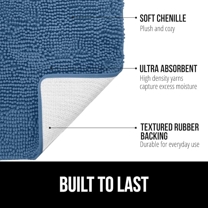 GORILLA GRIP Plush Absorbent Shaggy Chenille Bath Rug Mat for Oval Toilet Base with Rubber Backing, Machine Washable Rugs, Soft Microfiber Contour Mats for Toilets, Bathroom Decor, Blue