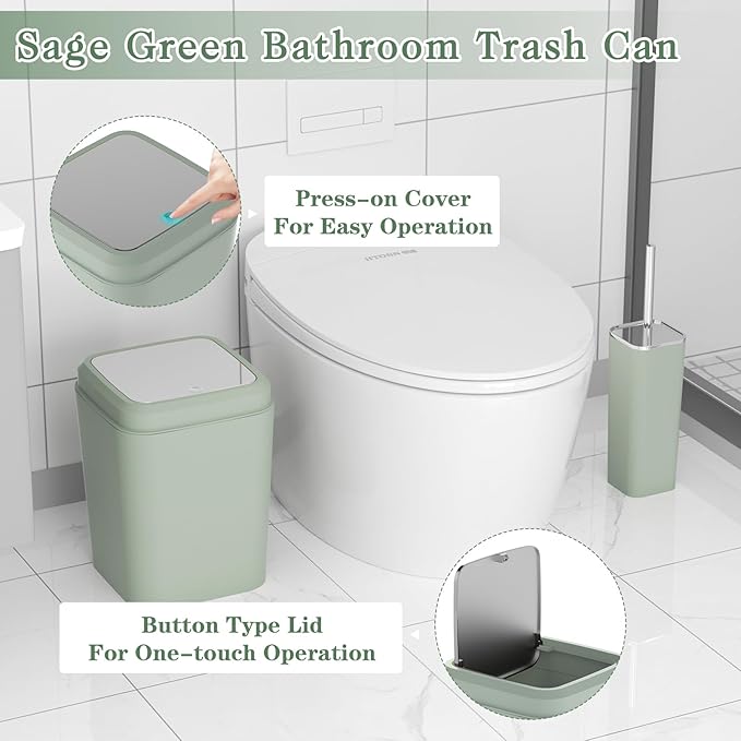 Bathroom Set, Sage Green Bathroom Accessories Set with Press-on Lid Bathroom Trash Can, Soap Dispenser, 10PC Bathroom Accessory Set for Home