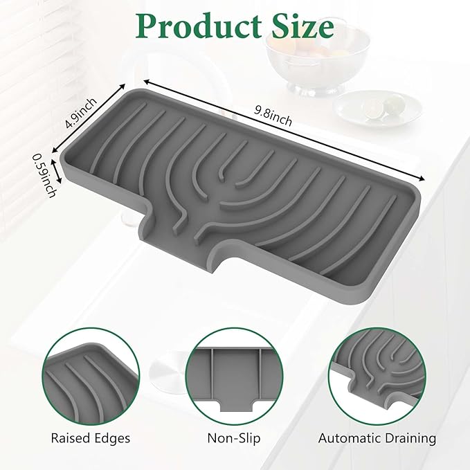 GUUKIN Sponge Holder for Kitchen Sink , 9.8"×4.9" Silicone Dish Drying Mat, Scrub Daddy Holder, Kitchen Sink Accessories, Suitable for Kitchens & Bathrooms (Grey)