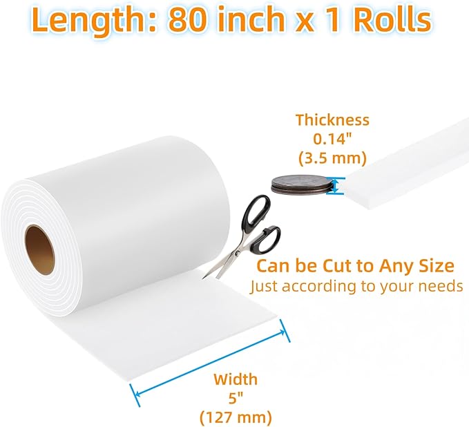 Furnigear Felt Furniture Pads - Heavy Duty Cuttable Strips with Adhesive Backing, Self-Adhesive Felt Strips, Pad, Tape Roll for Chair Legs, Hard Floor and Wall Protection (White, 80 x 5 x 0.14 Inch)