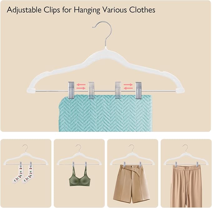 ManGotree Pants Hangers with Movable Clips, Non-Slip Velvet Skirt Hangers, Space-Saving Clothes Hangers for Pants, Skirts, Shirts, Coats, Dresses (18 Pack, White)