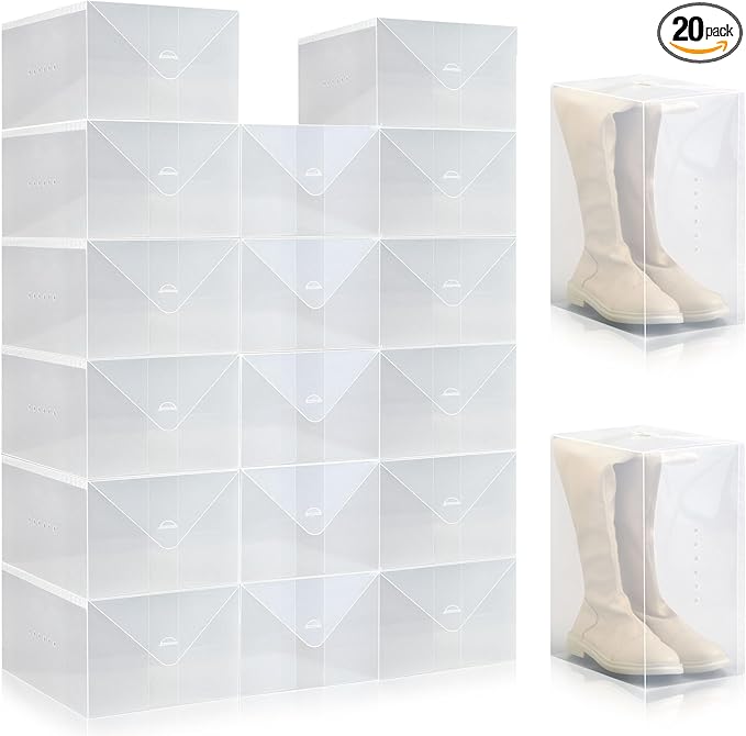 Sintuff 20 Pcs Clear Shoe Boxes Plastic Stackable Clear Shoe Storage Boxes for Women Men Ankle Boots High Heels Rooms Closet(13.8 x 9.8 x 7.1 Inches)