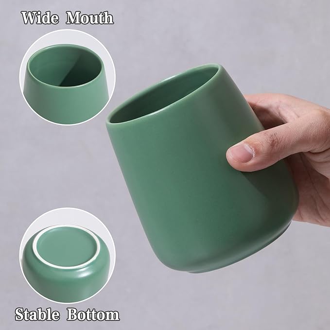 Green Toothbrush Holder for Bathroom - 2Pcs Ceramic Tooth Brushing Holders Set, Toothbrush Cup & Toothpaste Organizer for Bathroom Countertop, Makeup Brush Holder, Pen Holder for Home Desktop Storage