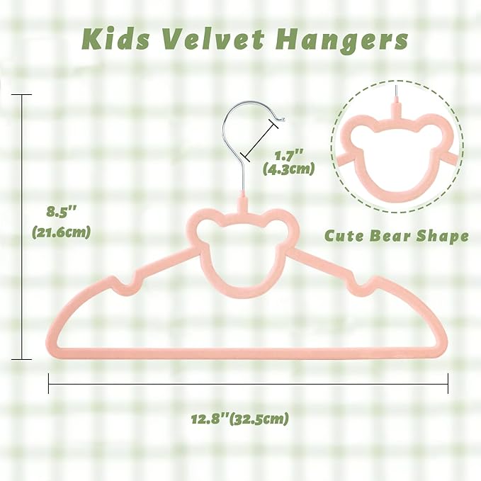 ManGotree 12.8" Kids Velvet Hangers, Non-Slip Felt Baby Clothes Hanger, Cute Bear Hanger for Nursery, Space Saving Toddler Hangers for Children's Closet (20 Pack, Pink)