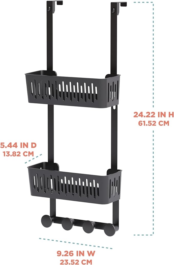 Zenna Home SnugFit Over the Door Caddy Organizer with 2 Storage Baskets and 4 Hooks, Over Door Hanging Organizer for Bathroom, Kitchen, Bedroom, Closet, Easy to Install, No Drilling, Black
