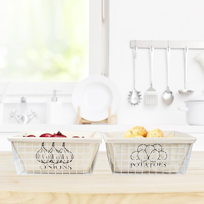 2 Set Metal Wire Baskets with Cotton Lining, Potato Bin Onion Container, Produce Fruit Veg Organizing Bin for Kitchen Storage - White