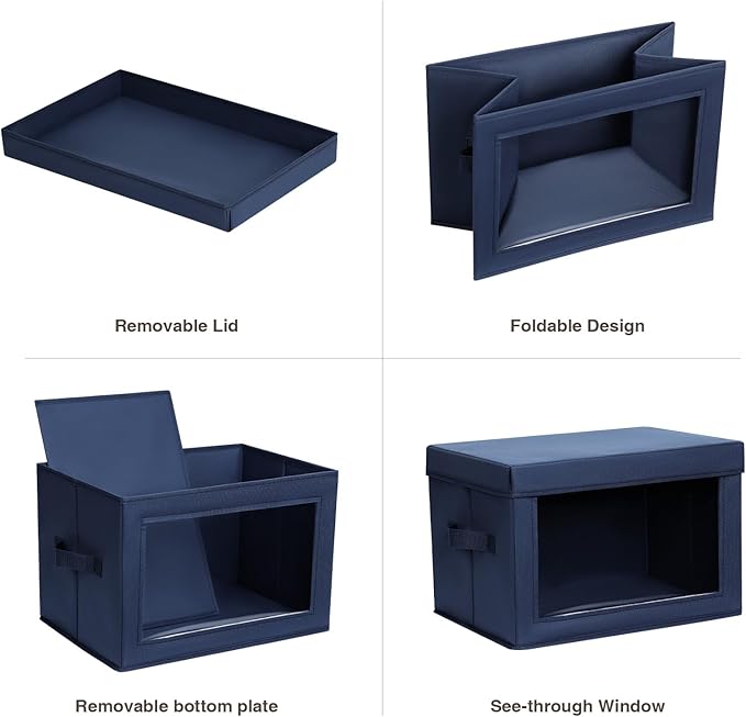 Stackable Storage Bins with Lids - Medium Storage Box with Lids, Foldable Closet Boxes for Organizing, Wardrobe Clothes Organizer with Window, Cubes Bins for Living Room, 5 Pack, Navy Blue
