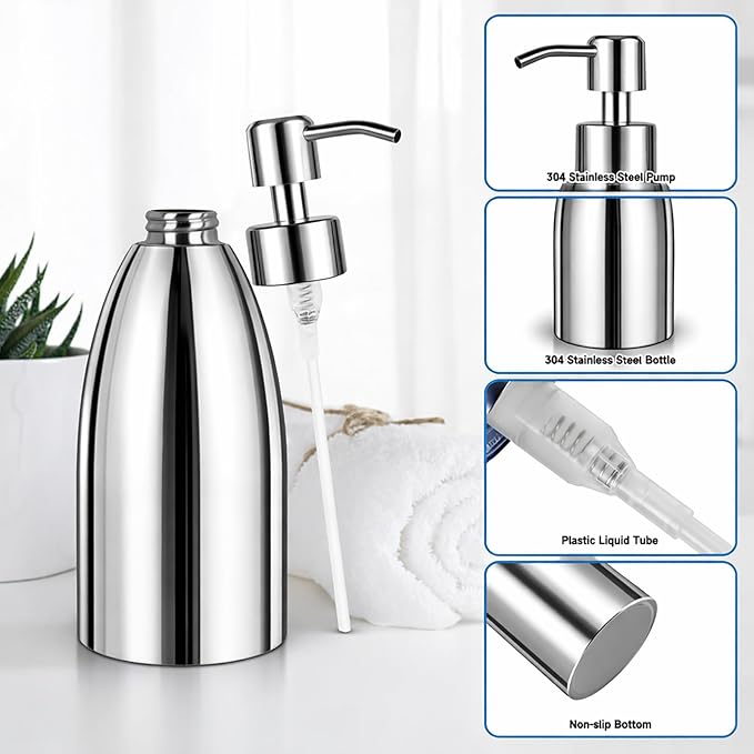 304 Stainless Steel Soap Dispenser 16oz Rust-Proof Liquid Soap Pump Bottle for Kitchen or Bathroom Countertop Hand Dish Lotion Leak-Proof (Mirror Stainless Steel)