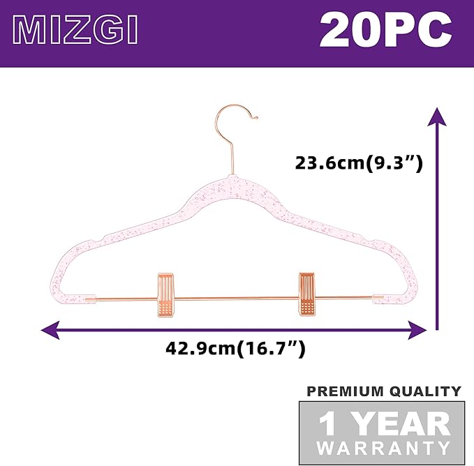 MIZGI Slim Rose Gold Glitter Pants & Skirt Hangers (20 Pack) - Adjustable Rose Gold Clips & Hooks, Pink Transparent Non-Felt, Space-Saving for Dresses, Shirts, Blouses