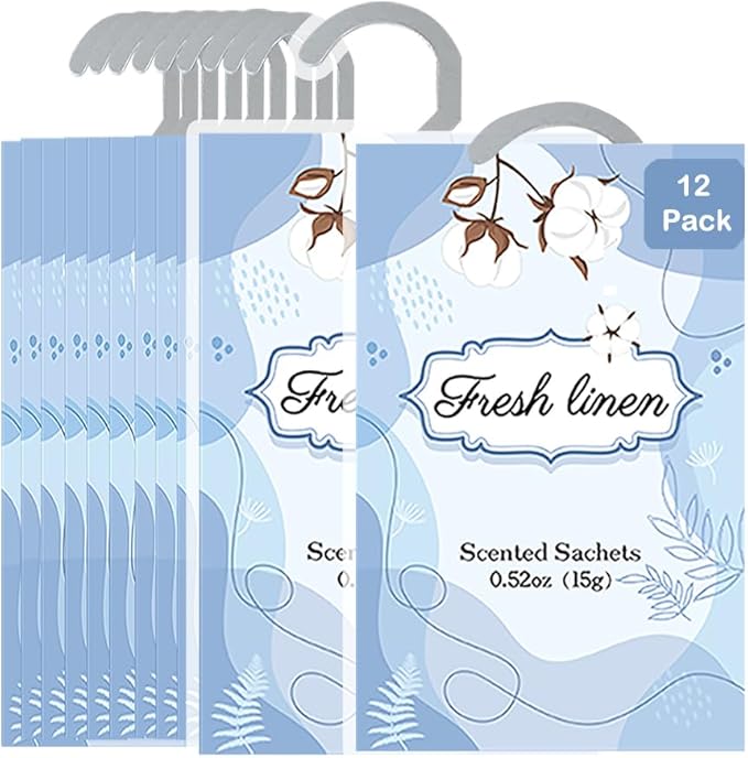 12 Packs Fresh Linen Hanging Scented Sachets for Drawers and Closets with Retractable Hook| Long-Lasting Closet Air Freshener & Closet Deodorizer | Closet Scent Freshener (Fresh Linen)