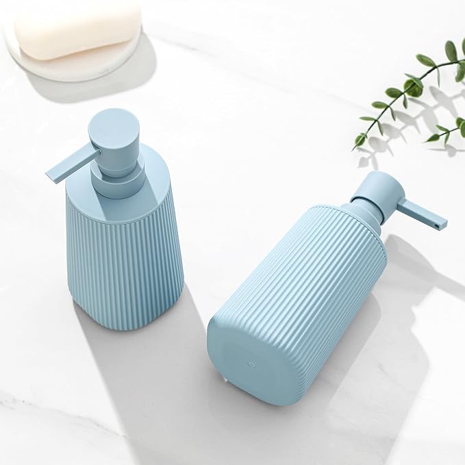 Small Soap Dispenser for Bathroom and Kitchen, Modern Farmhouse Striped Style Plastic Hand Soap Dish Soap Dispenser with Pump Teal Blue
