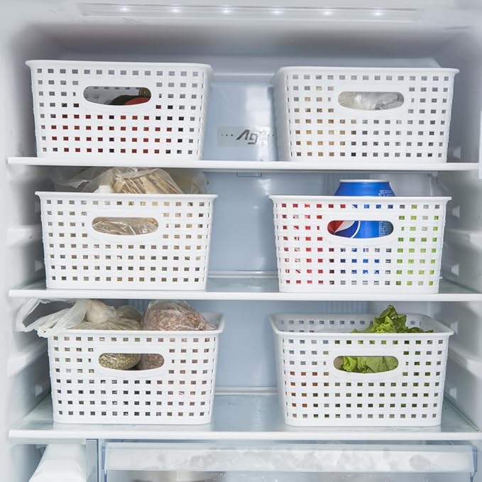White Plastic Woven Storage Baskets, 6-Pack Weave Basket Organizer for Kitchen Office Bathroom