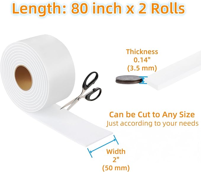 Felt Strips with Adhesive Backing – Furnigear Heavy Duty Cuttable Felt Tape Roll Furniture Pads for Chair Legs - Protecting Hardwood Floors, Chair Wall Protector (White, 80 x 2 x 0.14 Inch)