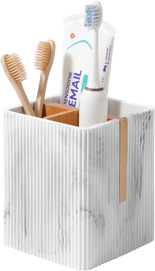 rejomiik Toothbrush Holders for Bathrooms Countertop, 3 Slots Electric Tooth Brushing and Toothpaste Storage Organizer Stand for Toiletries and Beauty Accessories, Marble White
