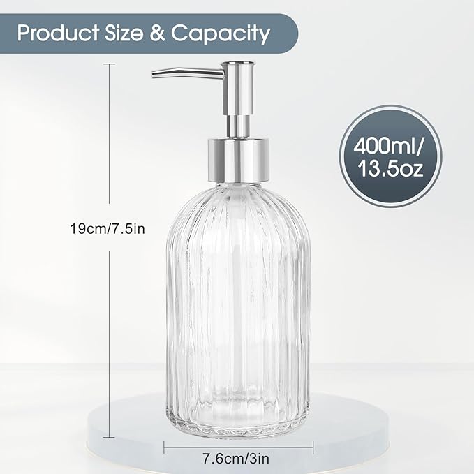 2 Pack Stripe Glass Soap Dispenser with Silver Plastic Pump, 400ml Liquid Hand Soap Dispenser, Rustproof Pump for Kitchen & Bathroom, Great for Lotions, Essential Oil, Liquid Soaps- (Transparent)