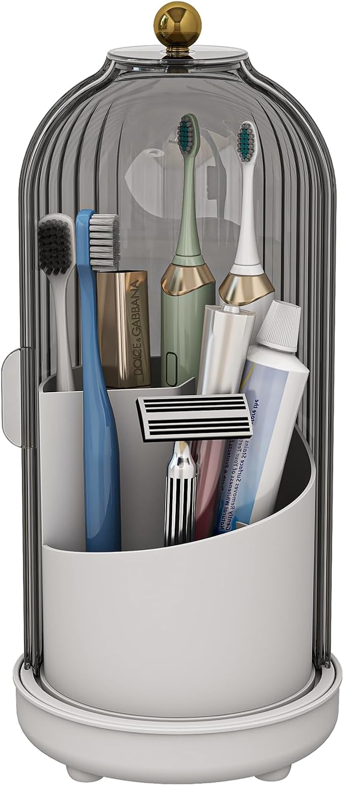 Zufudo Toothbrush Holders with Cover, Drainage Rotating Electric Toothbrush Organizer, 3 Slots Tooth Brush Holder for Bathroom Counter, Grey White