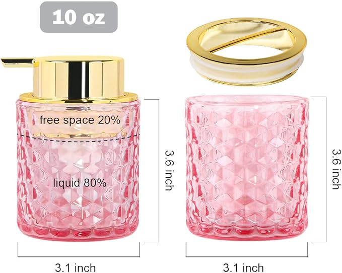 Bathroom Accessories Set, 3pcs Pink Glass Bathroom Accessory Set,Toothbrush Holder, Foaming Soap Dispenser and Tumbler, Gold Bathroom Decor Sets for Organizer, Home Apartment Gift