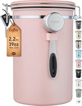 Veken Coffee Canister, 39OZ Large, Airtight Stainless Steel Food Storage Container for 2.2lbs Coffee Beans, Ground, Sugar, Tea, Cookie,Flour, Kitchen Bar Accessories with Date Tracker & Scoop, Pink
