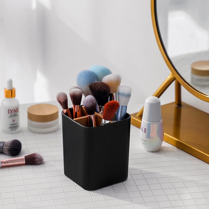 Bamboo Toothbrush Holder for Bathrooms, 4 Slots Toothbrush and Toothpaste Holder Bathroom Counter Organizer for Electric Toothbrushes, Floss, Razors - Black