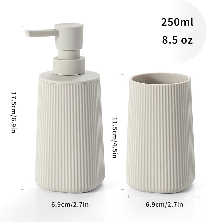 Bathroom Accessories 2 Piece Soap Dispenser and Toothbrush Holder Set Striped Beige