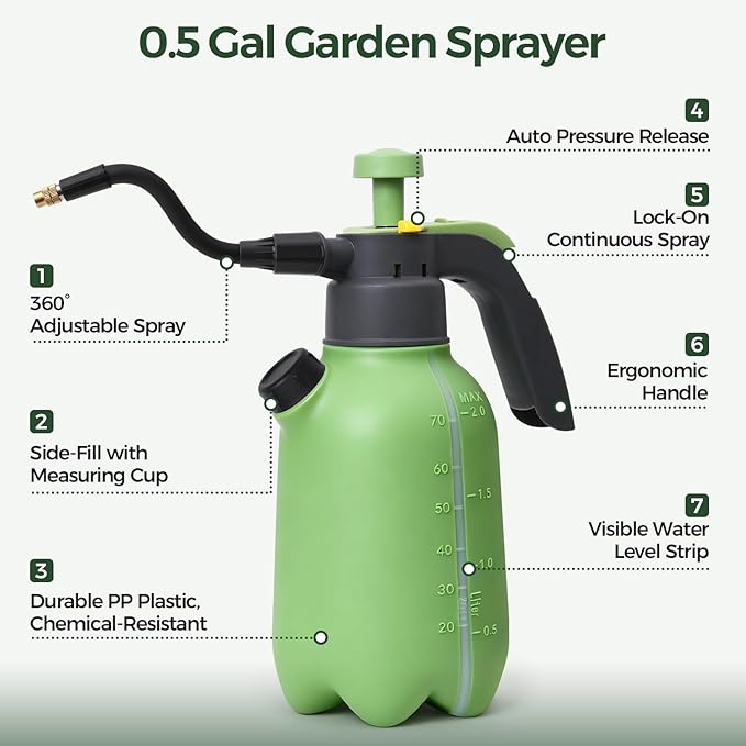 T4U 1/2 Gallon Pump Sprayer with Flexible Adjustable Nozzle, PP Hand Pump Pressure Sprayer with Built-in Measuring Cup for Home Garden Plant Care and Household Cleaning, Indoor & Outdoor Use