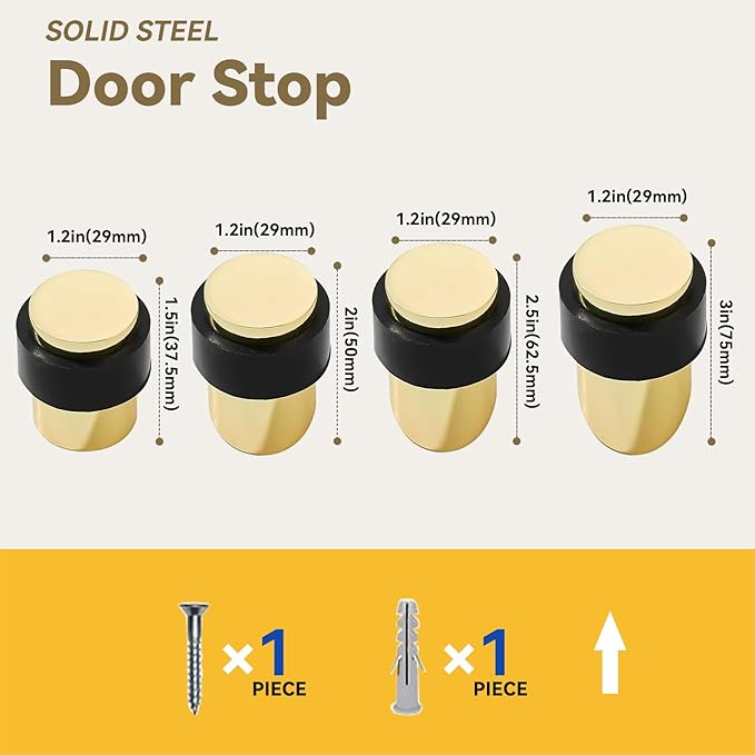 KHTUMEWARE 4 Pack 1-1/2 in Floor Door Stopper,Polished Brass Door Stop,Wall Protector Commercial Door Bumper Wedge Decorative Cylindrical Install Door stoppers on The Floor