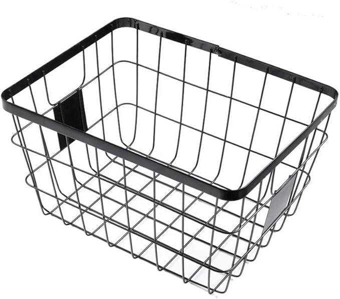 Handmade -Open Storage Bread Food Basket,Kitchen Cabinet and Pantry Storage Organizer Bin & Containers- Two Cut-Out Handles Wire Metal with Canvas Lining 13x10x7.5 Inches Black