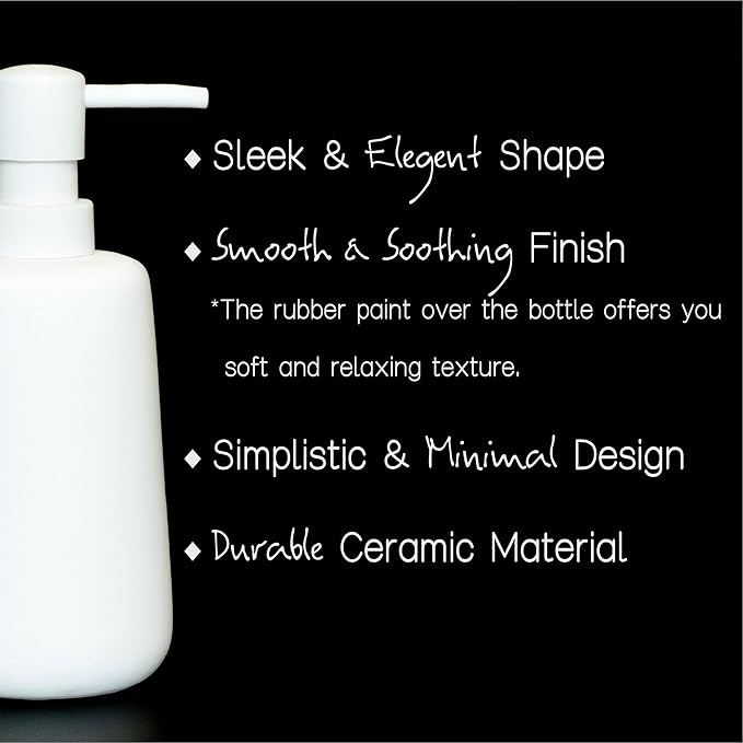 Matte White Ceramic Soap Dispenser, 13 oz Refillable Bathroom or Kitchen Countertop Dispenser with Soft Touch Rubber Coating