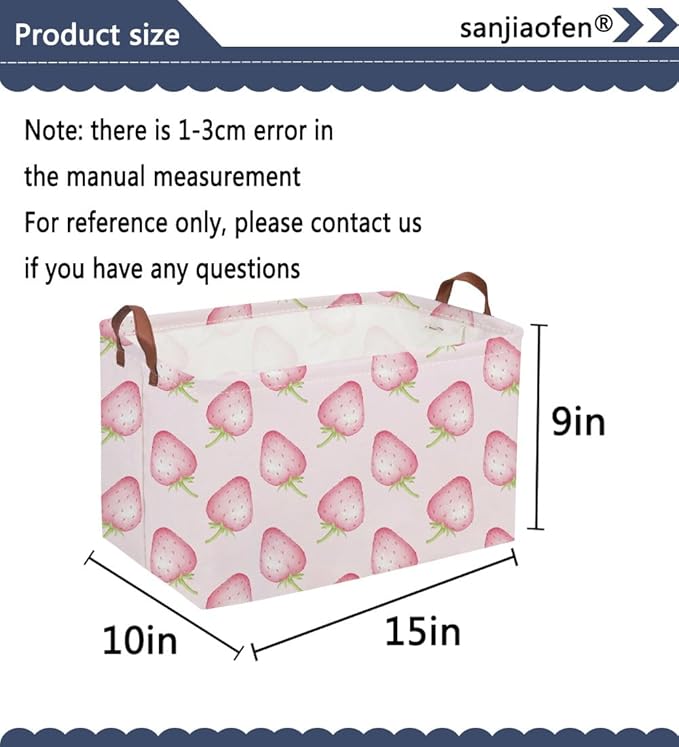 Sanjiaofeng Rectangular Kids Basket Pink Storage Bins,Strawberry Storage Basket with Handles.Clothers,Books,Kid's Gifts Bins. (Pink strawberry)