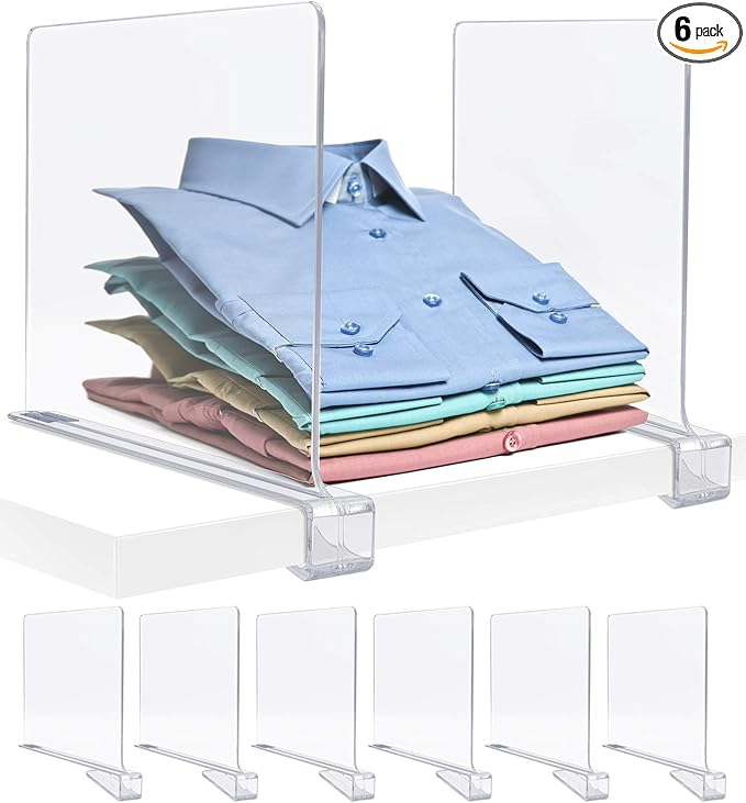 Sorbus 6 Acrylic Shelf Dividers for Closets organization Shelves, Organizer for Clothes shelf, Linens, Purse Separators, Clear Acrylic Dividers separator for Closets, Kitchen Cabinets Bedroom (6-Pack)