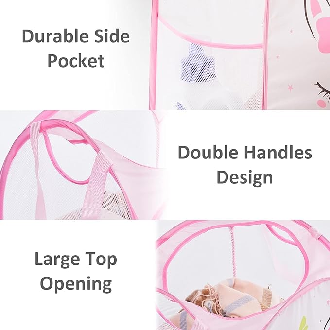 TECHMILLY Collapsible Mesh Pop Up Laundry Hamper with Sturdy Handles and Side Pocket - Portable Foldable Clothes Baskets for Dorm, Bathroom & Travel Storage (Unicorn, 2 Packs)