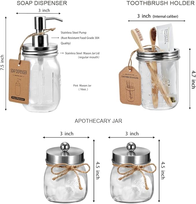 Amolliar Mason Jar Bathroom Accessories Set(4 Pcs) -Lotion Soap Dispenser & 2 Qtip Holder & Toothbrush Holder-Rustic Farmhouse Decor, Countertop Vanity Organize, Bathroom Home Decor (Brushed Nickel)