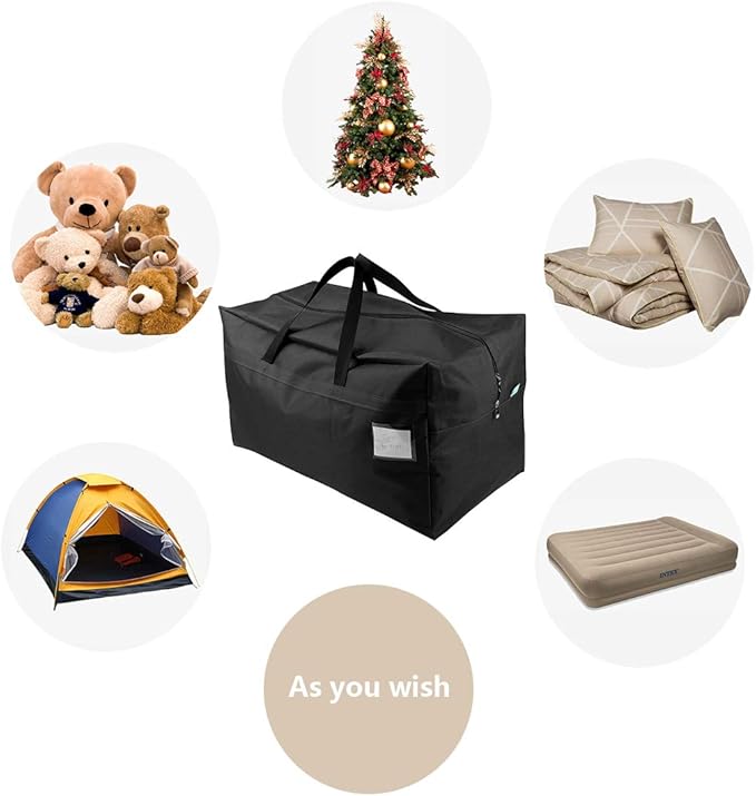 AMJ Christmas Decorations Storage Container Bag | Holds Xmas Trees, Lights, Balls etc, Unzippered Top Three Side Open Bag, Black