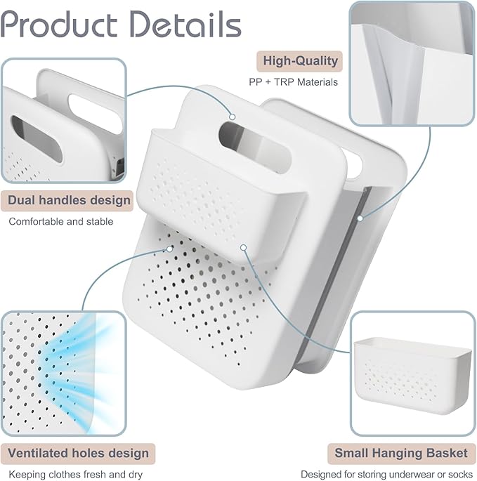 Small Collapsible Laundry Basket, Space-Saving Wall-Mounted Hamper with Detachable Mini-Basket, Portable Hanging Organizer for Clothes, Underwear Socks. (White)