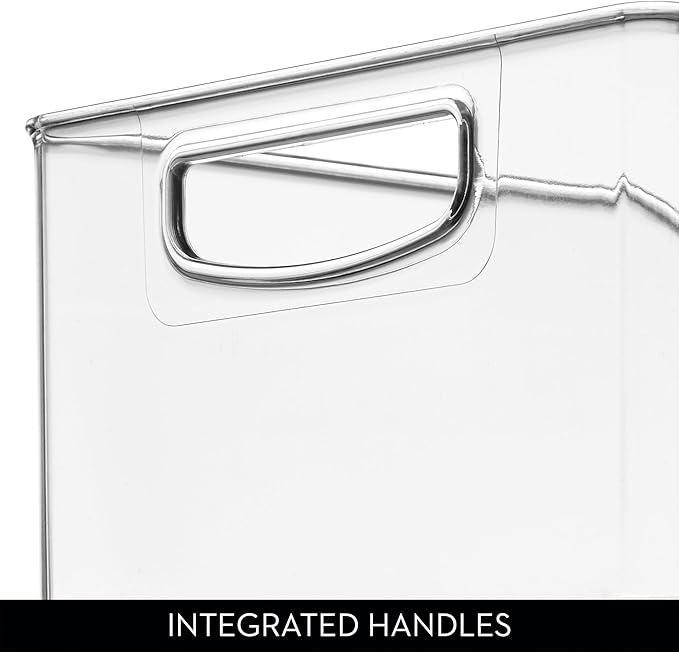 Plastic Stackable Pantry Bin - Organizer Bin with Handles for Cabinets or Fridge - Set of 4 - Clear