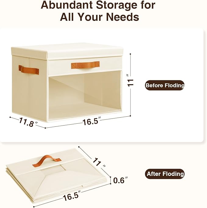 Large Storage Bins with Lids - 4 Pack Foldable Decorative Organizers with Clear Windows & Handles, Cube Storage Organizers for Clothes, Blankets, Sweaters, Sheets, Beige