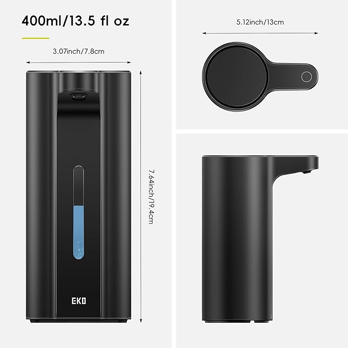 EKO Aroma Pro 13.5 fl oz Touchless Automatic Liquid Soap Dispenser, Rechargeable Hand & Dish Soap Dispenser for Bathroom and Kitchen, Waterproof, Adjustable Volume Control (Matte Black)