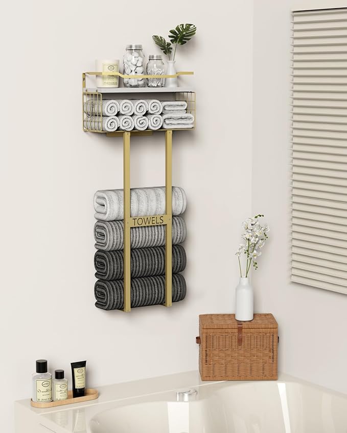 Towel Racks for Bathroom - Wall Mounted Metal Rack with Wood Plank, Bathroom Storage Organizer, Towel Holder Stores 6 Large Rolled Towels Easily, Gold and Size XL 31"