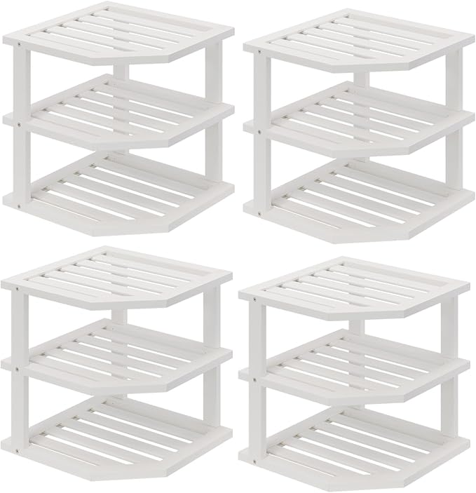 3 Tier Bamboo Corner Shelf(4 Pack),Dish Drying Rack,Plate Organizer,Kitchen Spice Rack for Countertop and Cabinet(White)
