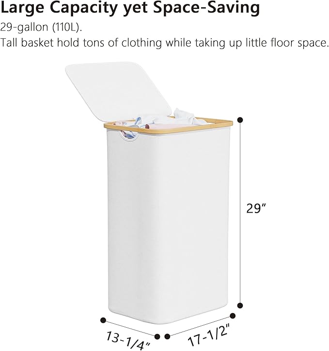 SUOCO Laundry Hamper with Lid, 29 Gal (110L) Clothes Basket with Bamboo Handles, Large Foldable Laundry Hamper for Bedroom, Bathroom, Dorm, Laundry Room - White