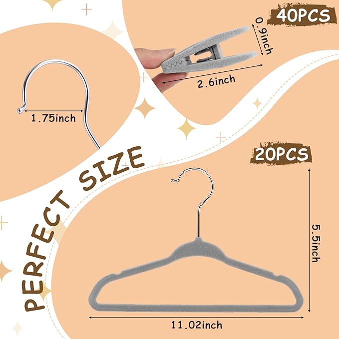 Soaoo 20pack Premium Baby Velvet Hangers with Adjustable 40 Clips, Non Slip 11 Inch Slim Kids Closet Organizer for Pants, Dresses & Matching Outfits, Nursery & Toddler Wardrobe (Grey)