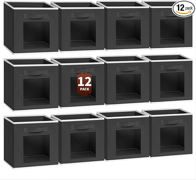 Foldable Storage Cubes - Cube Storage Organizer with Window, Decorative Baskets for Organizing, Fabric Bins for Clothes , 11 inch Black Closet bins, Set of 12, Black
