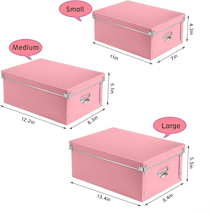 SEEKIND Storage Box, Decorative Storage Bins with Lid,3 in 1 Set,Plastic,with Handles,Press-Stud Fastening,Moisture-proof,Foldable for Space Saving Storage,for Clothes,Cosmetic,Blankets (Pink) … …