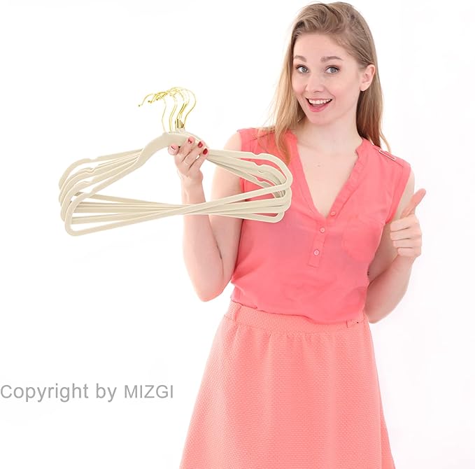 MIZGI Premium Velvet Hangers Pack 50 Pcs Heavyduty - Non Slip Slimline - Velvet Suit Hangers Ivory - Gold Hooks,Space Saving Clothes Hangers …