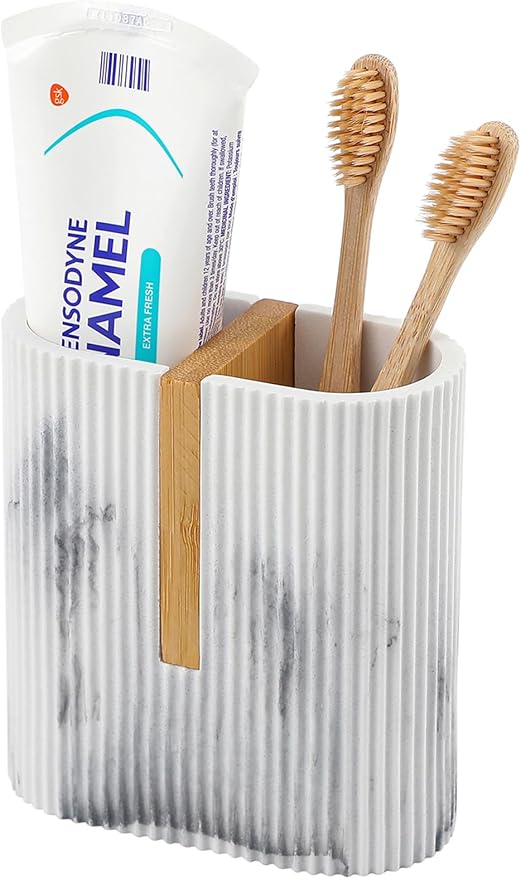 rejomiik Toothbrush Holders Electric Toothbrush Holder for Bathrooms, Bamboo Tooth Brushing and Toothpaste Storage Organizer for Sink, Countertop, Marble White