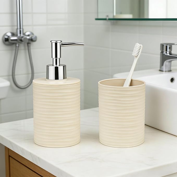 Bathroom Accessories Set, 2-Piece Beige Soap Dispenser & Toothbrush Holder with Ripple Texture & Rust-Proof Pump, Modern Matte Organization