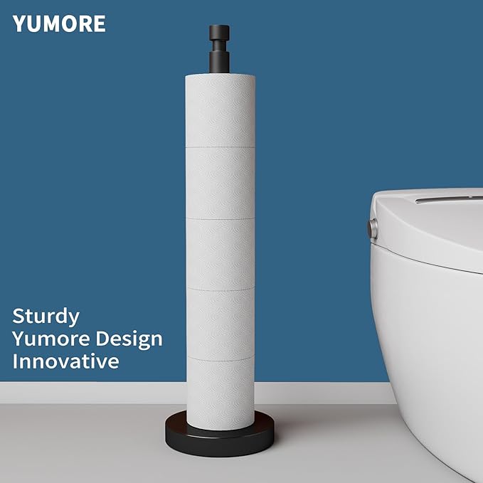 YUMORE Toilet Paper Holder Heavy Weighted Stand, Free Standing Bathroom Extra Toilet Paper Organizer with Reserve Storage for Spare Rolls, Matte Black Stainless Steel Floor Bath Tissue Roll Holder